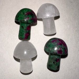 2 Clear Quartz and 2 Green & Ref Agate Stone Mushrooms. .5 inch. 4 total